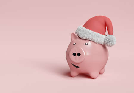 piggy bank with santa claus hat and space for text. christmas savings, economy and shopping concept. 3d renderingの写真素材