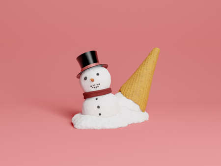 spilled snowman ice cream with upside down cookie cone. 3d renderingの写真素材