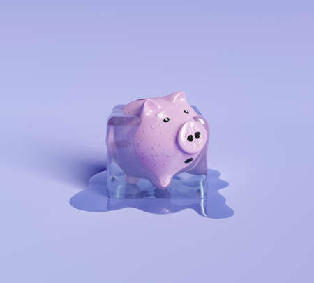 piggy bank inside an ice cube thawing. 3d renderingの写真素材