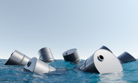 oil barrels floating on the surface of the sea. concept of pollution, environment, environmentalism....