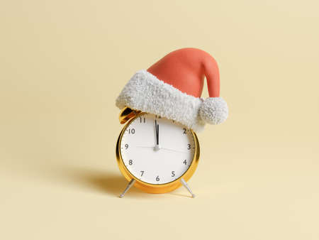 alarm clock with Santa Claus hat. concept of new year, arrival of christmas and deadline. 3d...