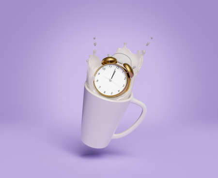 alarm clock falling into a cup of milk splashing. 3d rendering