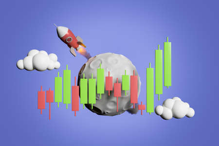 rising candlestick chart with a rocket flying over the moon behind and clouds around. concept of...