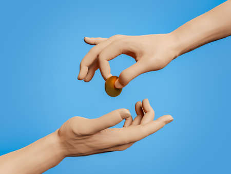 Hand giving a gold coin to another hand. concept of donation and cash payment. 3D representationの写真素材