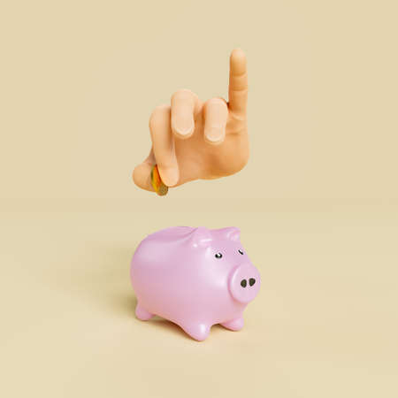 front view of a hand depositing a gold coin in a piggy bank. savings concept. 3d renderingの写真素材