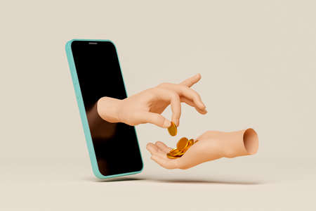 hand coming out of the screen of a cell phone and giving coins to another hand. p2p payment concept and online payment. 3d renderingの写真素材