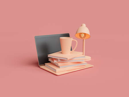 pile of books with coffee cup on top of laptop. study concept, online education, learning and work....