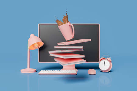 Computer Screen with books and coffee floating in front of it. concept of online education, study, computing, work and stress. 3d renderingの写真素材