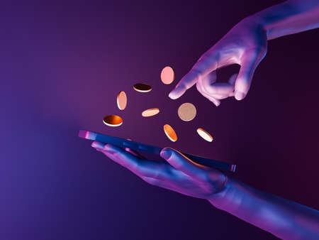 3d hands holding a cell phone with coins on the screen. neon lights. futuristic concept of play to earn, video games, technology, metaverse and crypto. 3d renderingの写真素材