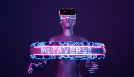3d girl with virtual reality goggles and an electronic ring around with the word METAVERSE. neon lights. futuristic concept, video games, technology and crypto. 3d renderingの写真素材