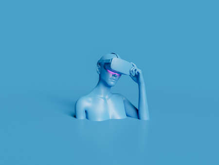 3d female bust with VR glasses in minimalist and monochromatic blue scene. concept of fun, technology, video games and metaverse. 3d renderingの写真素材