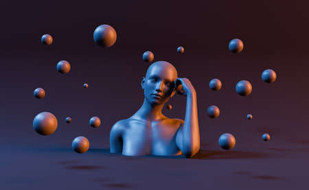 3d female bust with head resting on hand and metal spheres around. 3d renderingの写真素材