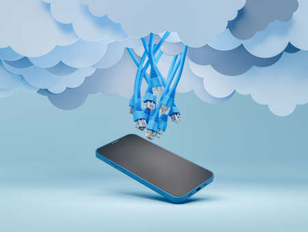 mobile phone with cables falling from flat clouds. cloud storage concept, technology, security, online and internet. 3d renderingの写真素材