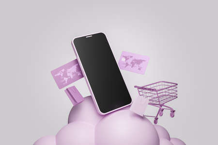 mobile phone on a cloud of spheres with a shopping cart and credit cards around it. concept of online shopping, offers and business. 3d renderingの写真素材