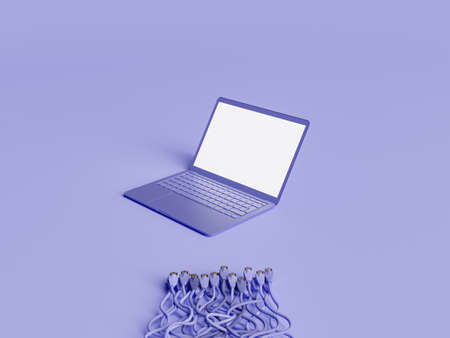 minimal laptop with a bunch of wires going to it. color of the year 2022 Very Peri. 3d renderingの写真素材