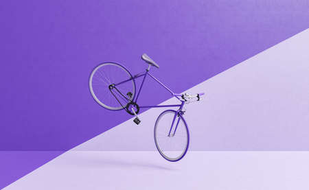 retro bike flying with wall divided into two colors. minimal. color of the year 2022 Very Peri. 3d renderingの写真素材