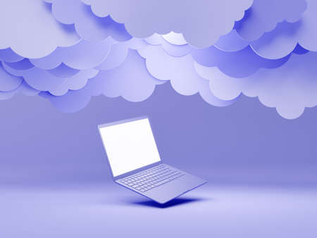 minimal laptop with flat clouds on top. color of year 2022 Very Peri. 3d renderingの写真素材