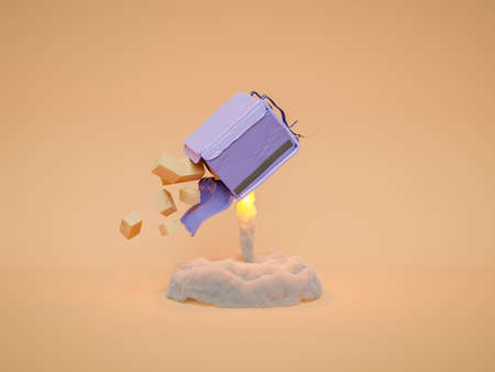 delivery backpack flying like a rocket and releasing shipping packages and fire. 3d renderingの写真素材