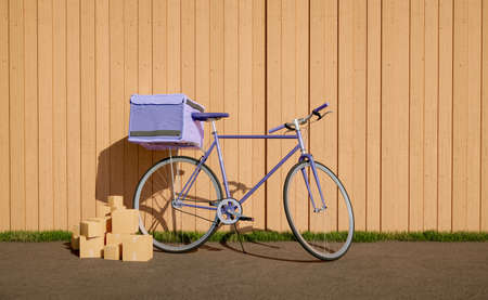 Street delivery bike with backpack and shipping packages on the ground with wooden background in daylight. 3d renderingの写真素材