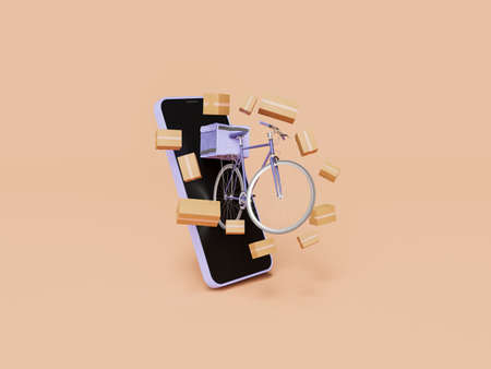 mobile phone with a delivery bicycle and shipping packages coming out of the screen. concept of home...