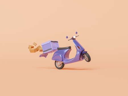 retro delivery scooter with open backpack and dropping shipping packages. concept of home delivery, online shopping, speed and service. 3d renderingの写真素材