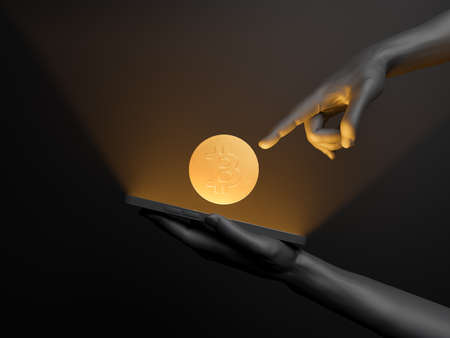 hands holding a cell phone with a bitcoin on it and the screen lighting up. concept of future,...