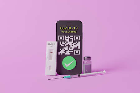 mobile phone with QR code of COVID passport, antigen test and a vaccine next to it. covid passport concept, restaurants, discotheques and travels. 3d renderingの写真素材