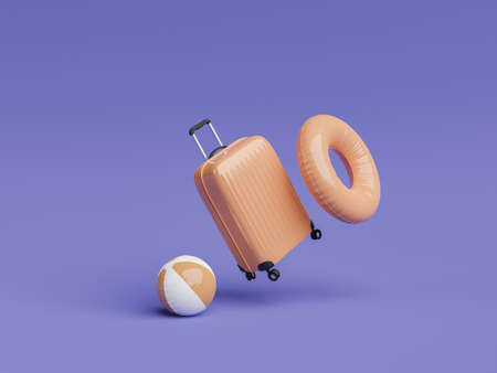suitcase with beach ball and ring float floating in the air. color of the year 2022. concept of vacation, getaway and travel. 3d renderingの写真素材