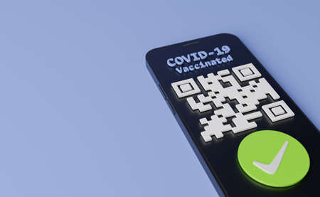 close-up of a COVID vaccination QR code on a mobile phone. copy space. covid passport concept, restaurants, nightclubs and travel. 3d renderingの写真素材