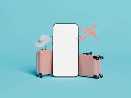 mockup of a cell phone with suitcases and an airplane around it. concept of travel, application, summer, vacation and technology. 3d renderingの写真素材