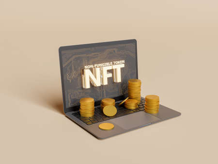 laptop with the word NFT illuminated on the screen and bitcoin stacks on the keyboard. concept of...