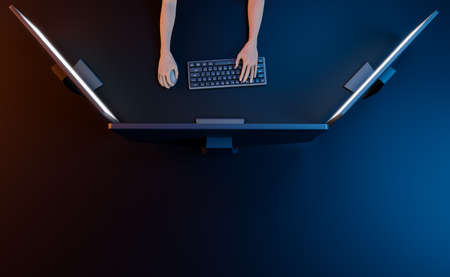 top view of a workspace with three screens and hands touching the keyboard. concept of home, office and freelance work. 3d renderingの写真素材