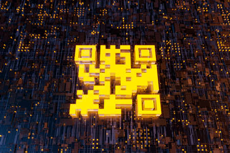 3d QR code on abstract electronic board. technology concept, link, online and immunization certificate. 3d renderingの写真素材
