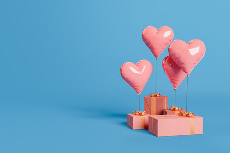 gift boxes with heart balloons on top and space for text. concept of valentine, gifts, anniversary, birthday and love. 3d renderingの写真素材