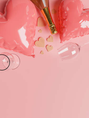 top view of heart balloons with champagne bottle and glasses with space for text. concept of valentine, dating, love, passion, marriage, anniversary and celebration. 3d renderingの写真素材