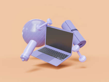 laptop with fitness and yoga accessories floating around. color very peri. concept of exercise, home...