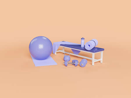 gym accessories in very peri color on minimal background. concept of sport, exercise, healthy life and fitness. 3d renderingの写真素材