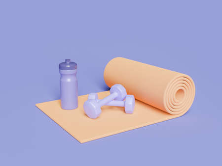 mat with dumbbells and sport bottle on top. color of the year 2022 very peri. concept of sport,...