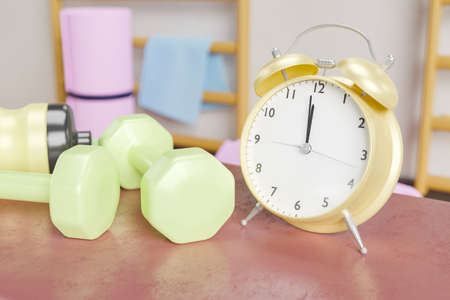 alarm clock on a gym bench with exercise equipment next to it. concept of training time, breaks, control and healthy life. 3d renderingの写真素材