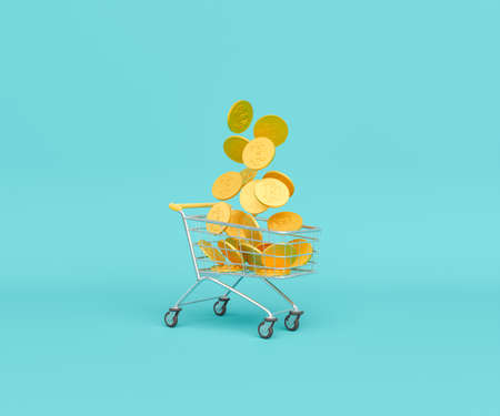 shopping cart with bitcoins falling into it. cryptocurrency buying concept, economics, trading and investments. 3d renderingの写真素材