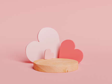 wooden cylinder with hearts on the back for product sample. valentine, gift, beauty and love concept. 3d renderingの写真素材