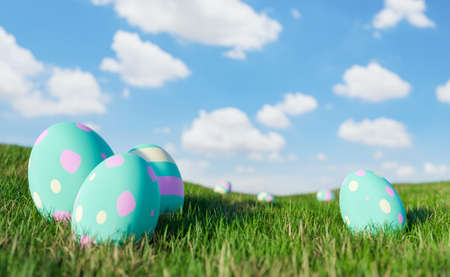 close up of easter eggs on a green meadow. 3d renderingの写真素材