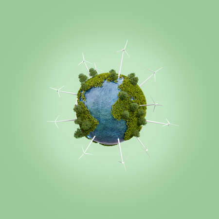 planet earth with vegetation, trees and wind turbines with blue background. renewable energy concept. 3d renderingの写真素材