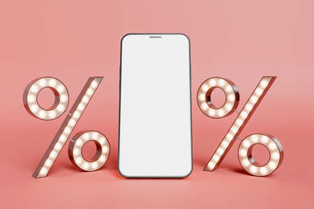 mobile phone with empty screen and luminous sale symbols on the sides. e-commerce concept, online shopping, drop shipping and offers. 3d renderingの写真素材