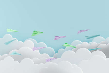 colorful paper airplanes flying over transparent flat clouds and blue background. concept of...