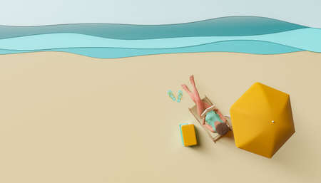 top view of a woman reading on a hammock on an artificial beach in a studio. concept of summer arrival. relaxation, vacations and travels. 3d renderingの写真素材