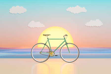 bike with artificial beach at sunset in a studio. summer summer concept, walking, travel, outdoor sports. 3d renderingの写真素材