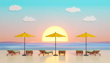 Umbrellas and loungers on an artificial beach at sunset in a studio. summer concept, beach, vacations, travel, resorts and relaxation. 3d renderingの写真素材