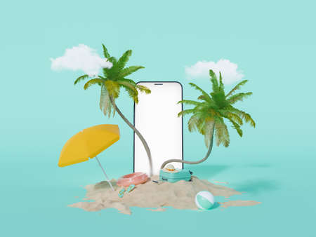 mobile phone screen with palm trees coming out and beach sand underneath with summer travel accessories. 3d renderingの写真素材