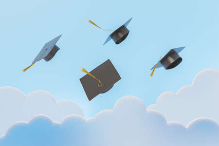 3d illustration of group of graduation hats tossed up together in blue sky with cloudsの写真素材